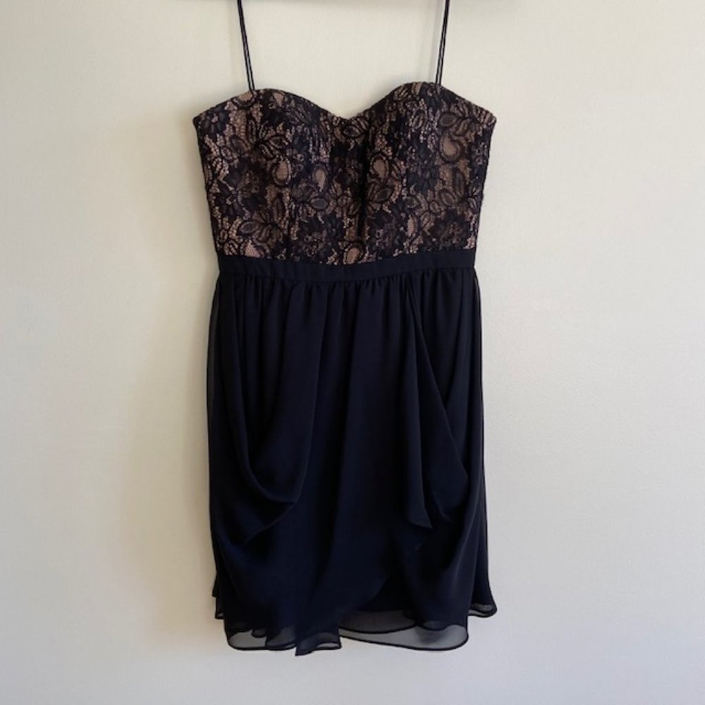 Black Lace Cocktail Dress with Draped Skirt
